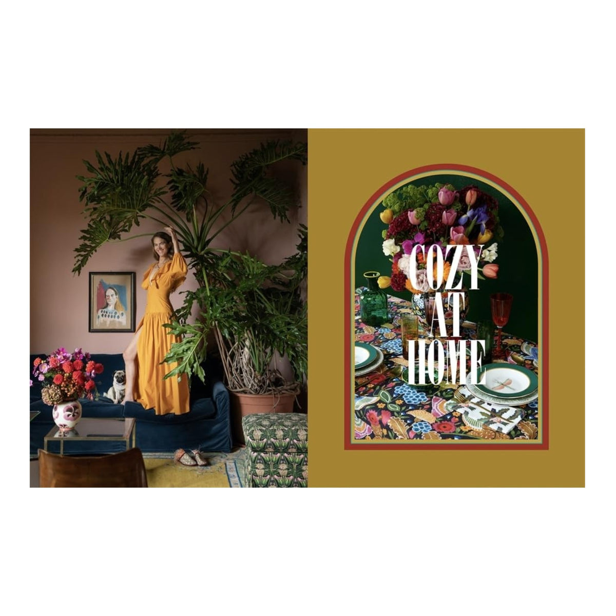 A woman in a yellow La DoubleJ dress stands in a plant-filled living room next to Table Energy: Entertaining with Italian Spirit by Abrams on the decorated dining table.