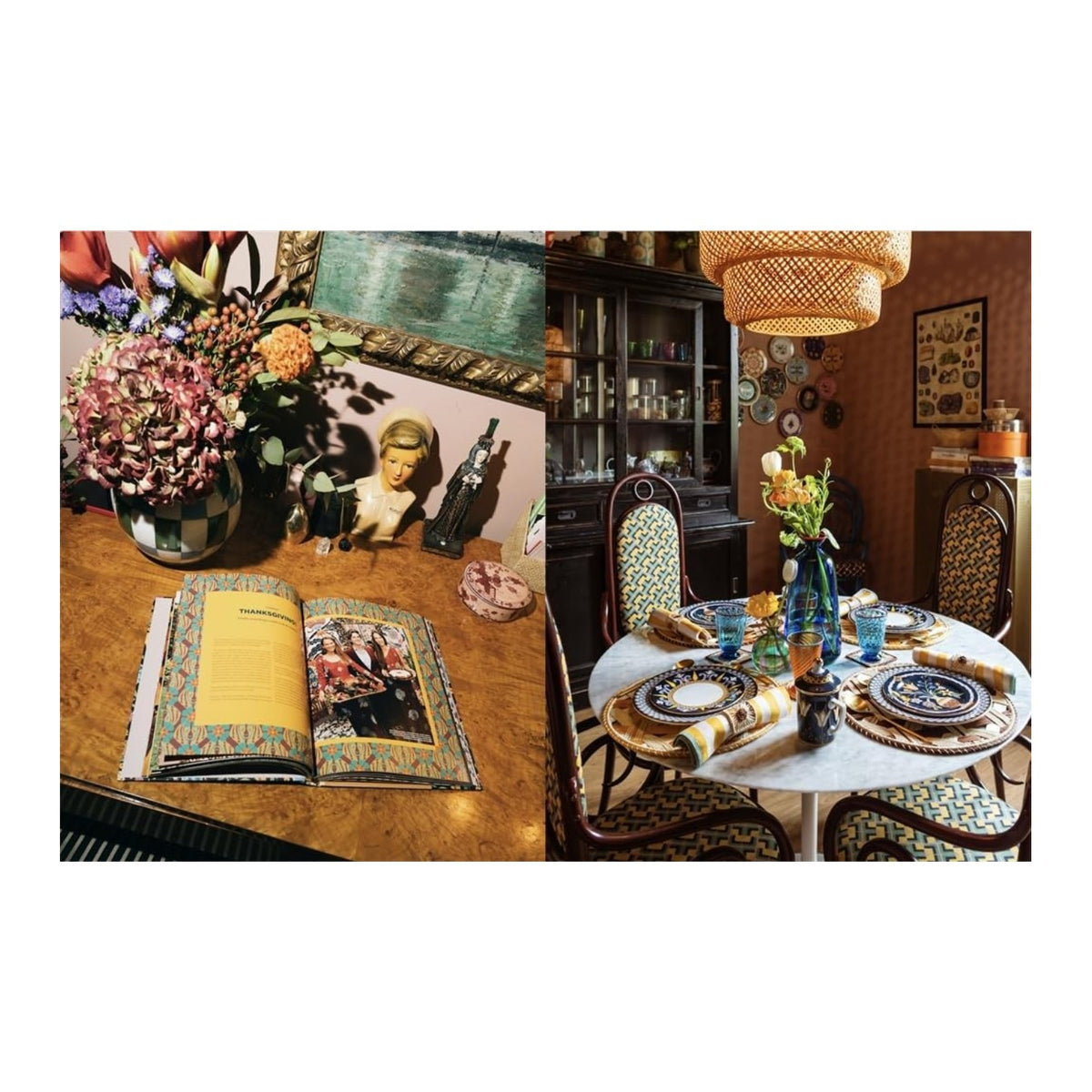 A cozy dining room with a set table, vintage decor, and flowers captures Italian hospitality and Abrams’ Table Energy: Entertaining with Italian Spirit.