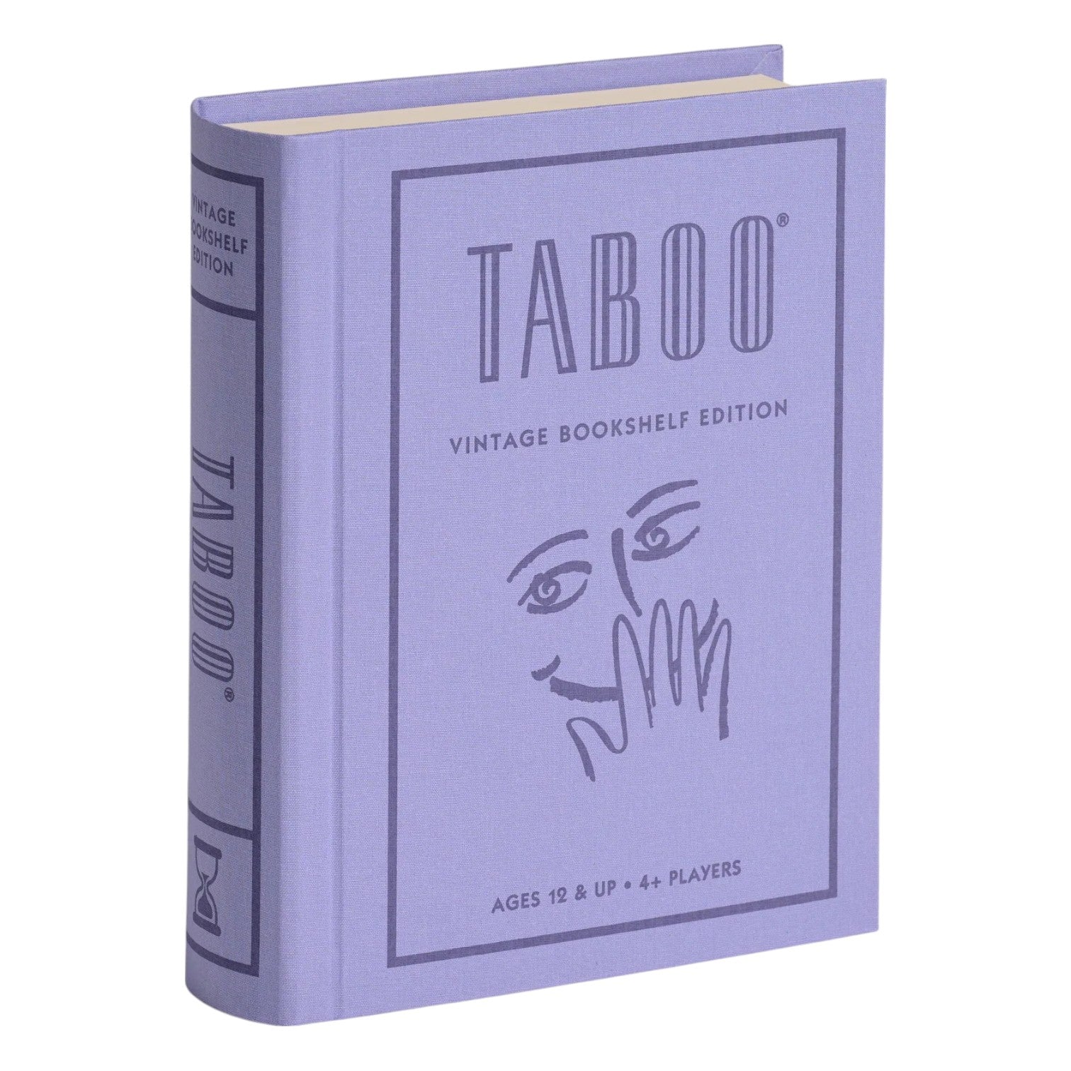 The WS Game Company Vintage Bookshelf Board Games features a lavender fabric-wrapped box with "Taboo: Vintage Bookshelf Edition," suitable for ages 12+ and 4 or more players.