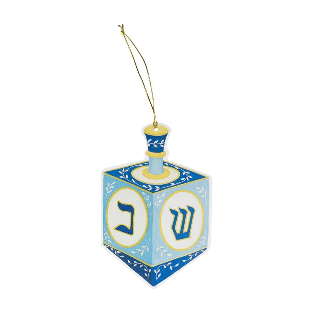 Introducing the Caspari Dreidel Ornament Tag—a blue and white dreidel ornament adorned with Hebrew letters and finished with a gold hanging cord for easy display. This delightful piece also features ornamental tags with blank backs, ideal for adding your own personalized message or greeting.