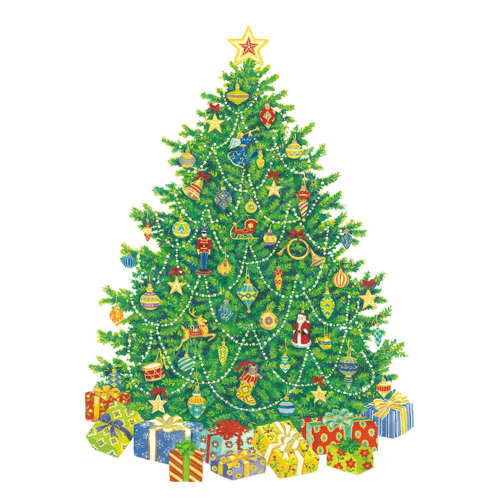 Caspari’s Christmas Tree Collection features a beautifully decorated tree with ornaments and beads, surrounded by wrapped gifts, highlighting the brand’s festive design and holiday supplies.