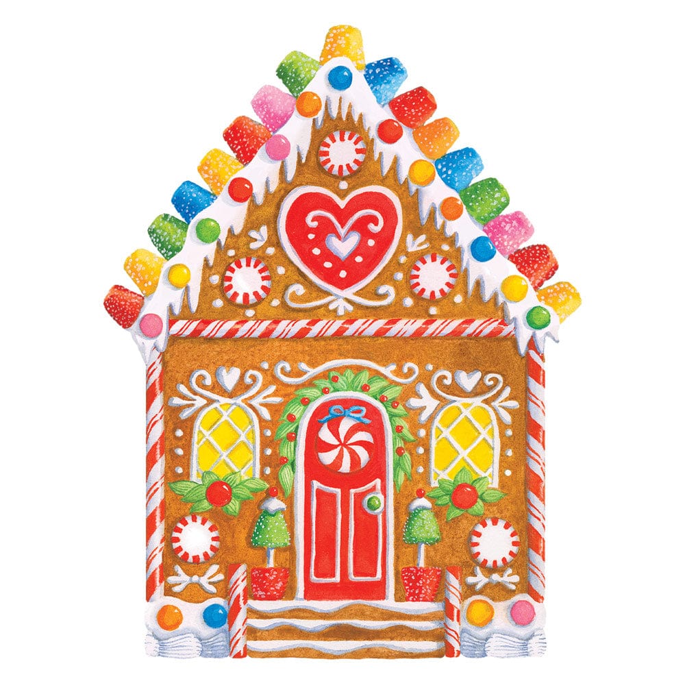 Caspari’s Gingerbread House Collection features a charming house with colorful candy, icing, a red door, heart designs, and windows—ideal inspiration for decorative gift bags.
