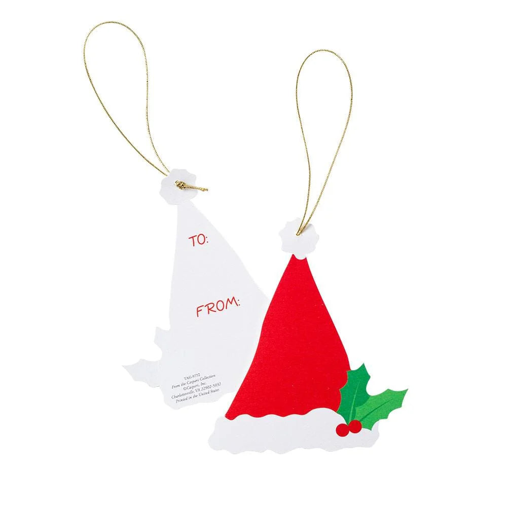 The Caspari Santa Hat Gift Tag Set includes two die-cut tags crafted from sturdy cardstock with gold strings and holly accents; one tag is open to show "TO:" and "FROM:" sections for your gift labeling.