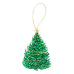 The Caspari Christmas Trees with Lights Napkin Collection features green trees adorned with yellow and white lights, a star topper, and a gold hanging string—ideal for festive parties or holiday table settings.