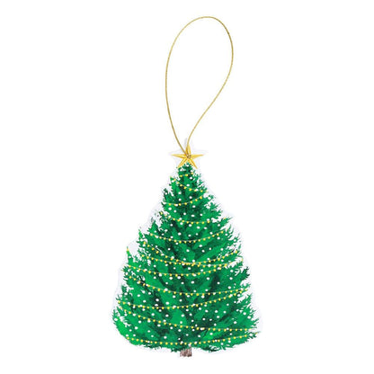 The Caspari Christmas Trees with Lights Napkin Collection features green trees adorned with yellow and white lights, a star topper, and a gold hanging string—ideal for festive parties or holiday table settings.
