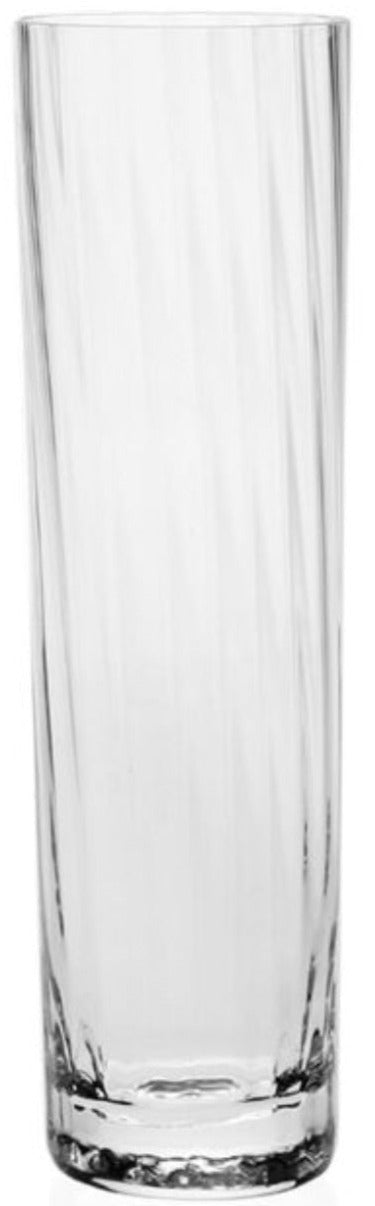 The William Yeoward Crystal Corinne Collection features a tall, empty, transparent glass tumbler with a vertical optic pattern, standing upright against a white background.