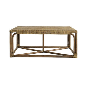 The Underhill Coffee Table by Arteriors features a woven herringbone rattan top and an open frame design in a rectangular shape, shown from the front.