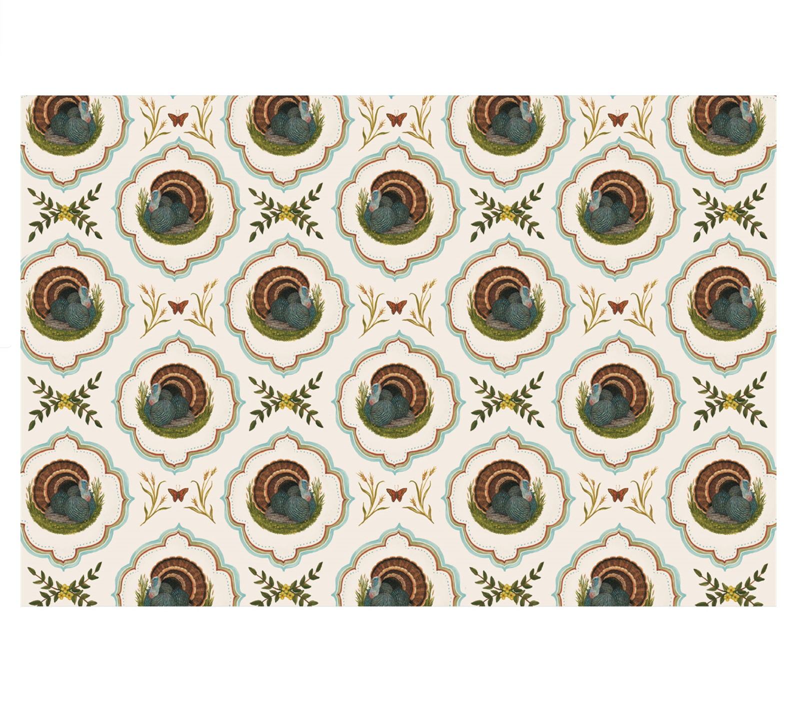 Seamless repeating floral pattern featuring stylized green, brown, and blue flowers with gold accents and green leaves on an off-white background—perfect for adding a touch of timeless design to your seating assignments or for beautifully coordinating with the Hester & Cook Heritage Turkey Collection.