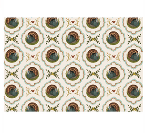 Seamless repeating floral pattern featuring stylized green, brown, and blue flowers with gold accents and green leaves on an off-white background—perfect for adding a touch of timeless design to your seating assignments or for beautifully coordinating with the Hester & Cook Heritage Turkey Collection.