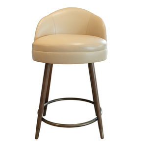 The Helga Counter Stool by Hickory Chair features a beige upholstered, oval seat design with a rounded backrest, wooden legs, and a metal footrest—making it an ideal addition to the Hive Trade Showroom. Shown isolated on a white background.