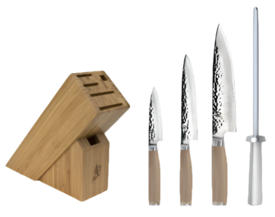 The Shun Premier Blonde Starter Knife Block Set, 5-Piece, features VG-MAX core kitchen knives with wooden handles and a honing rod, all arranged in a wooden block on a white background.