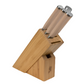 The Shun Premier Blonde Starter Knife Block Set, 5-Piece, features kitchen knives with light-colored handles and a VG-MAX cutting core, displayed from an elevated angle.