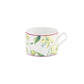 White porcelain teacup from the Florenza Impero Dinnerware Collection by Ginori 1735, featuring green and yellow floral patterns, leafy accents, and a pink rim—an elegant addition to any refined table setting.