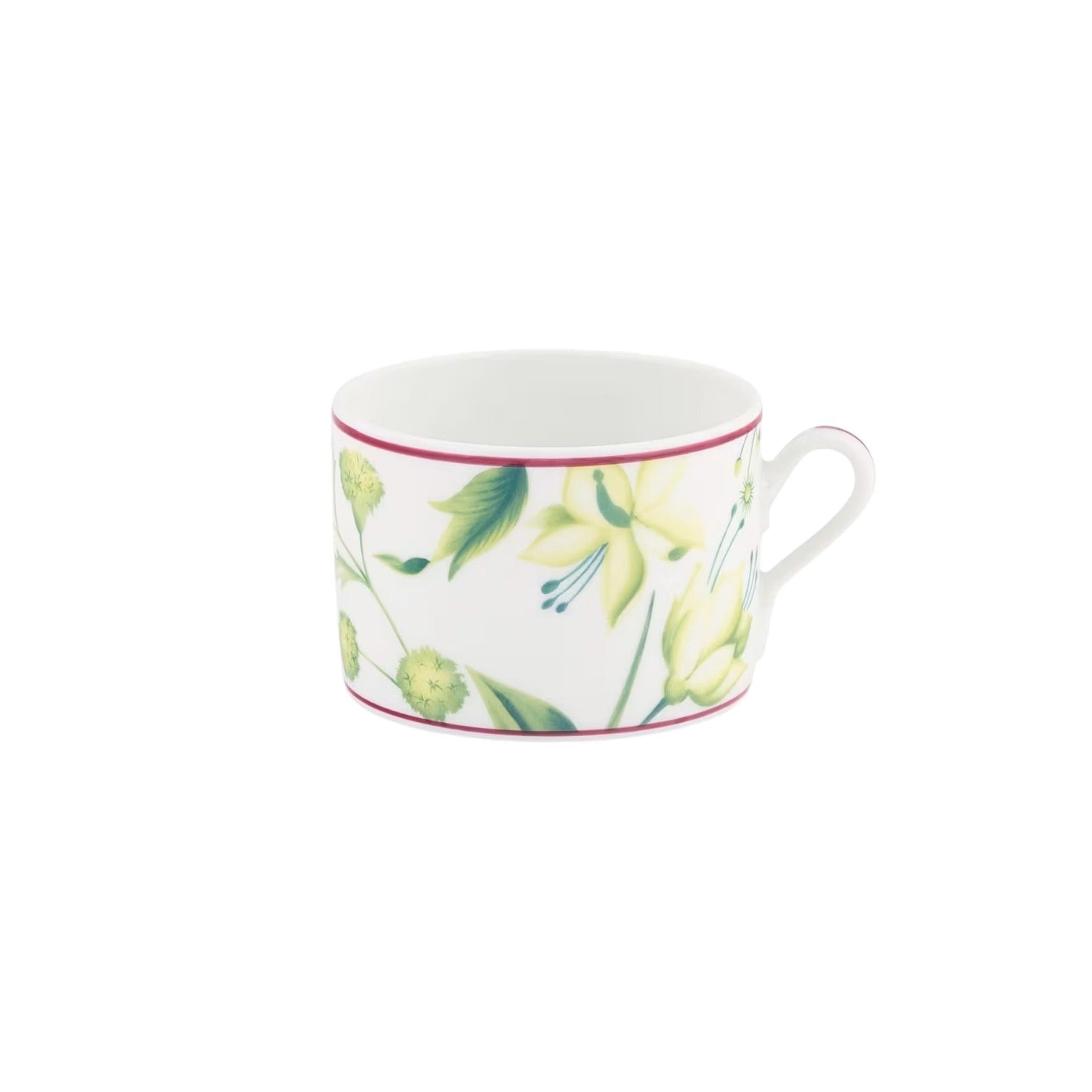 White porcelain teacup from the Florenza Impero Dinnerware Collection by Ginori 1735, featuring green and yellow floral patterns, leafy accents, and a pink rim—an elegant addition to any refined table setting.