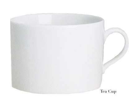 The Empire White Dinnerware Collection tea cup by Anna Weatherley, crafted from fine white porcelain in Portugal, features a handle and is shown against a white background. "Tea Cup" appears in small text at the bottom right.