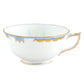 Herend Princess Victoria Light Blue Collection teacup, featuring white porcelain with gold trim, blue accents, and a right-side handle, shown on a plain white background.