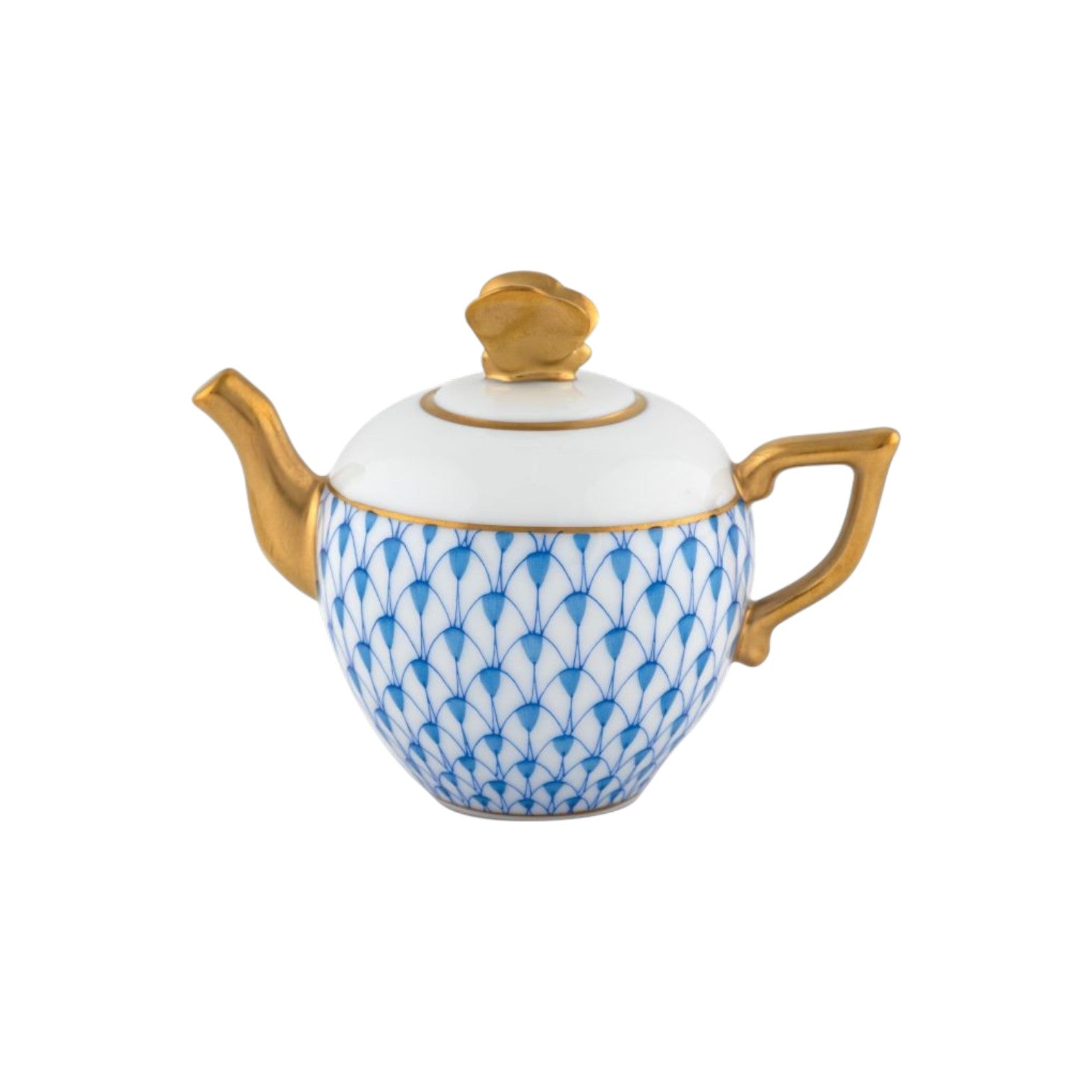The Herend Tea Pot features a durable porcelain body with hand-painted blue patterns, plus gold handle, spout, and lid knob details, all displayed against a crisp white background.