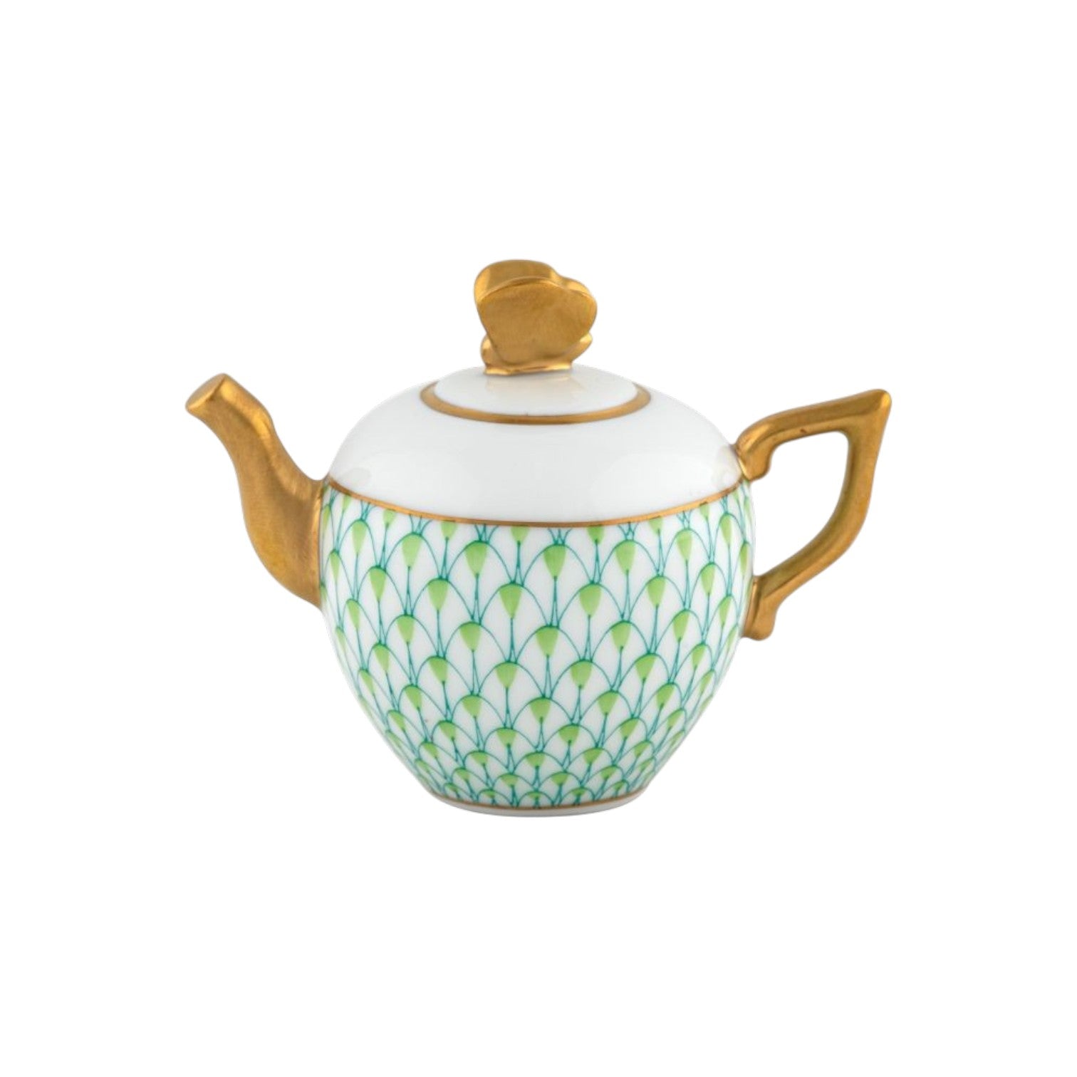 The Herend Tea Pot features durable porcelain with a gold handle, spout, and lid, and is hand painted with a green and blue scale pattern on white.