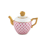 The Herend Tea Pot features hand-painted pink fish scale porcelain with a white lid and gold-colored handle, spout, and knob—an elegant addition to any tea setting.
