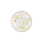 The Florenza Impero Dinnerware Collection by Ginori 1735 features white ceramic plates with a thin red rim and a central yellow and green floral design—an elegant, Italian-inspired addition to any tableware set.