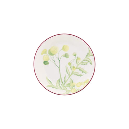 The Florenza Impero Dinnerware Collection by Ginori 1735 features white ceramic plates with a thin red rim and a central yellow and green floral design—an elegant, Italian-inspired addition to any tableware set.