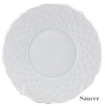 A white porcelain saucer from the Anna Weatherley Empire White Dinnerware Collection, featuring a textured lattice rim and "Saucer" inscribed at the bottom right. Crafted in Portugal from fine porcelain.