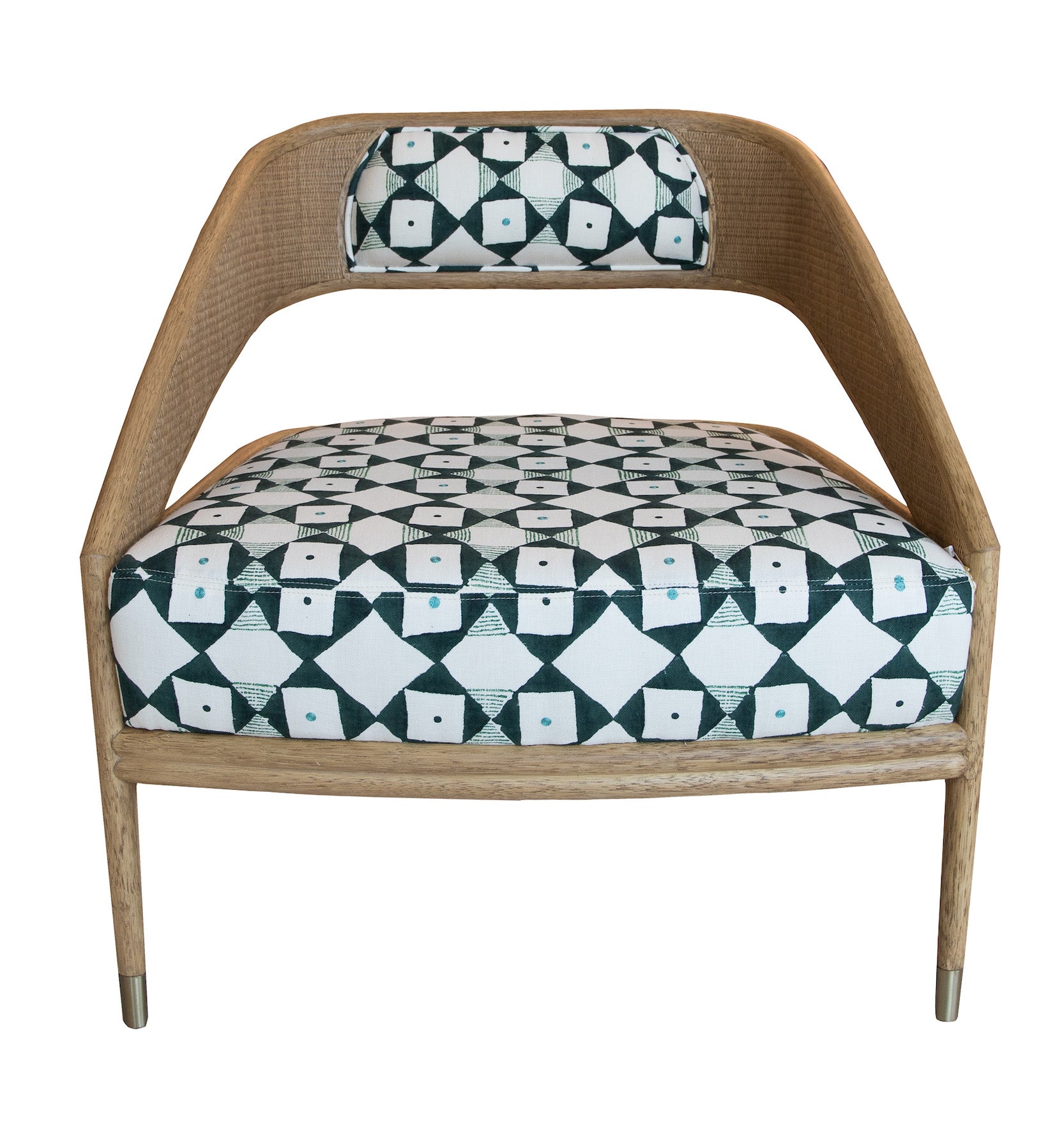 A modern Tenan Lounge Chair in Broadway featuring a patterned cushion and backrest with geometric black and white shapes, available in the Matte Sand Dune finish from McGuire Furniture.