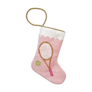 The Tennis Pink Needle Point Stocking by Bauble Stockings features a festive racquet and green tennis ball design, a gold loop, and is perfect as playful holiday decor or a charming needlepoint ornament.