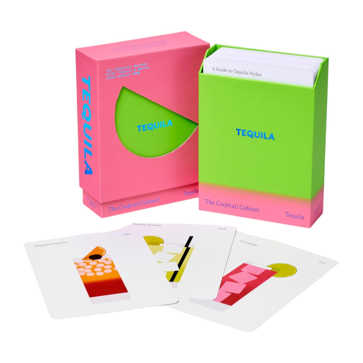 A vibrant cocktail card set called The Cocktail Cabinet: Tequila by Penguin Random House, featuring a pink and green box, an instruction booklet, and several illustrated recipe cards for colorful tequila and mezcal cocktails displayed.