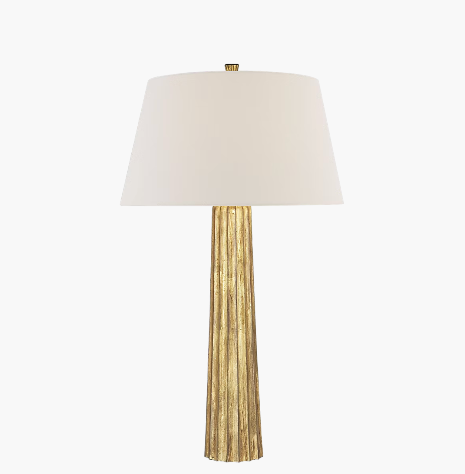 The Visual Comfort VC-Riga Buffet Lamp features a crystal and polished nickel base with a linen shade, measuring 33”H x 10”W, displayed against a plain white background.