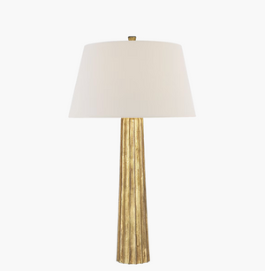 The Visual Comfort VC-Riga Buffet Lamp features a crystal and polished nickel base with a linen shade, measuring 33”H x 10”W, displayed against a plain white background.