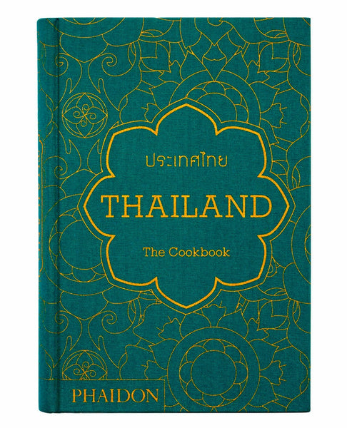A green cookbook with golden ornate patterns titled "Thailand: The Cookbook" by Phaidon, featuring the exotic flavors of Thai cuisine.