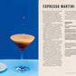 A glass of espresso martini with a foamy top rests on a blue surface next to a small cup of espresso and an open page from Simon & Schuster’s Curious Barista’s Guide To Coffee, providing the ideal setup for discovering coffee essentials and popular espresso drinks.