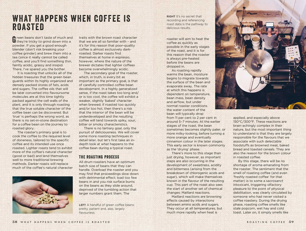 Overhead view of a person roasting coffee beans in a drum roaster within a small industrial space, surrounded by sacks of beans and coffee equipment—a scene that embodies the dedication and expertise explored in Simon & Schuster’s Curious Barista’s Guide To Coffee.
