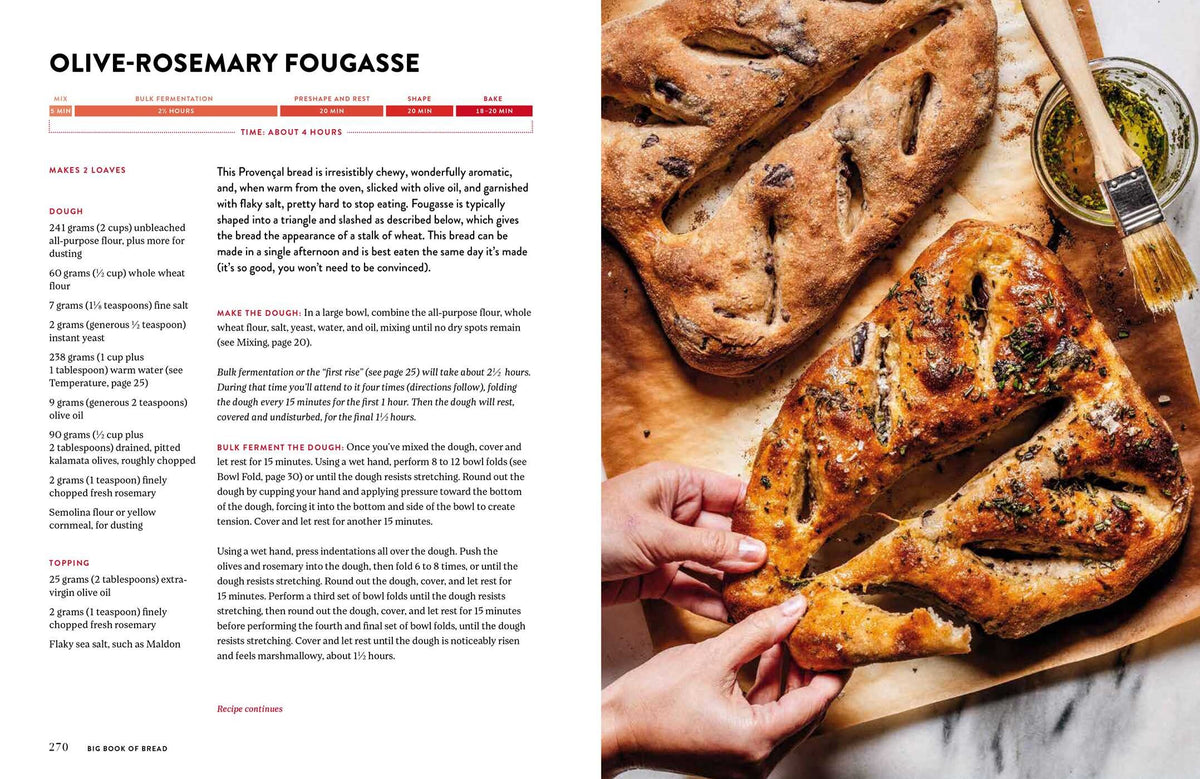 A photo of the King Arthur Baking Company Big Book of Bread by Simon & Schuster open to an olive-rosemary fougasse recipe, with two loaves of sourdough bread on a wooden board and hands tearing a piece from one loaf—a beautiful scene for anyone inspired by classic bread recipes.
