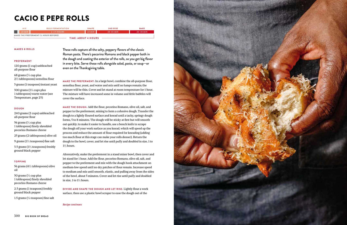 A hand holds a torn, golden brown cacio e pepe roll—its tender crumb reminiscent of the finest sourdough loaves. Recipe ingredients and steps for making the rolls are printed on the left page, echoing the trusted recipes found in Simon & Schuster’s King Arthur Baking Company Big Book of Bread.