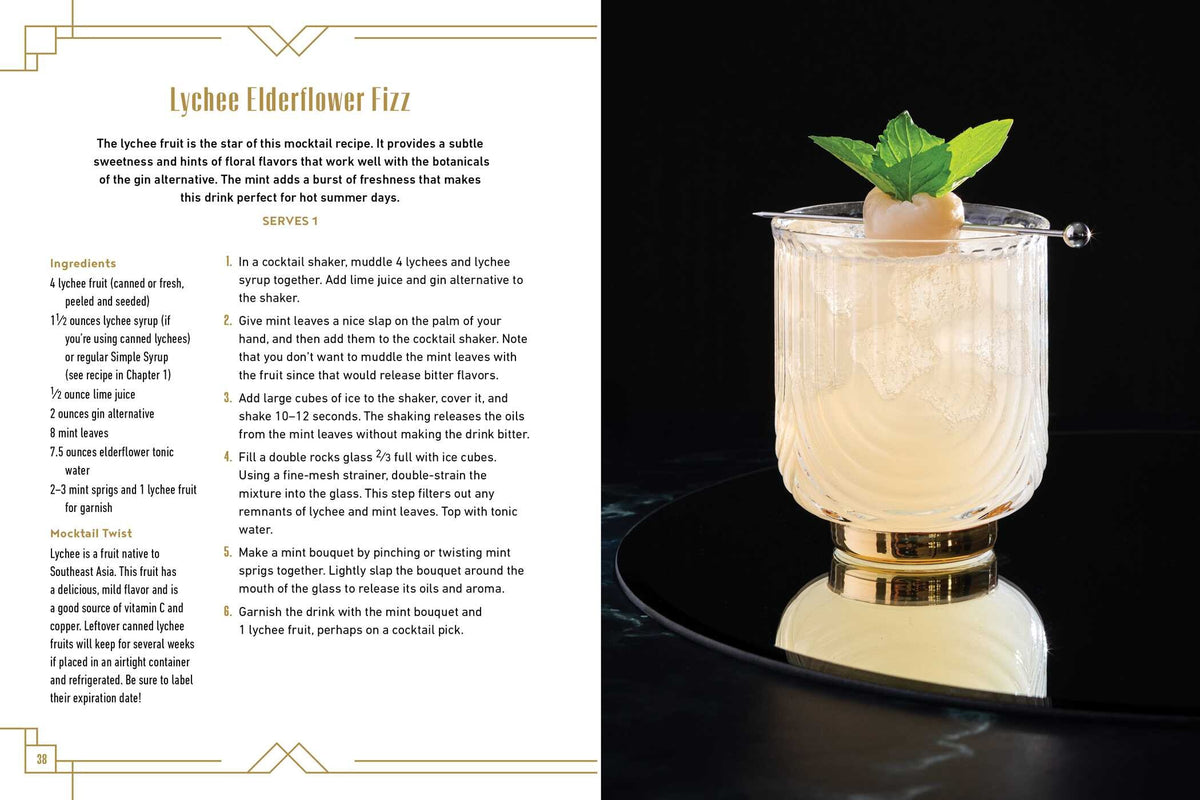 A glass of Mocktail Club by Simon & Schuster—lychee elderflower fizz served over ice and garnished with mint—rests on a reflective black surface beside a recipe page detailing ingredients and instructions, making it an appealing option for those seeking creative mocktails or inspired new mocktail recipes.
