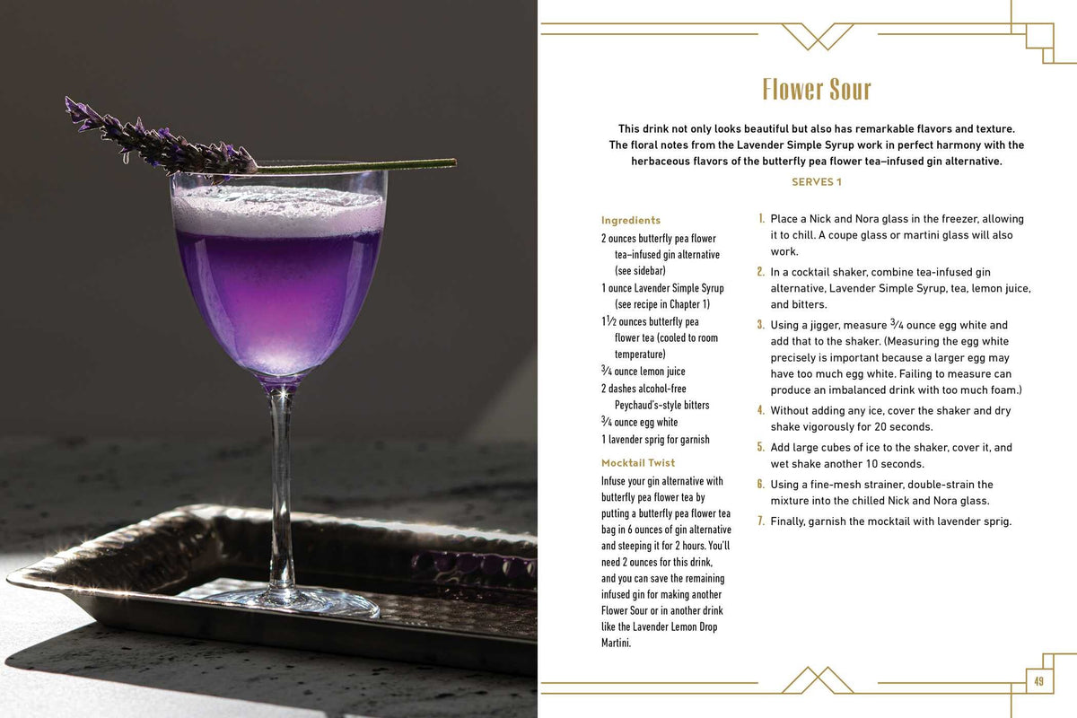 A vibrant purple mocktail from Mocktail Club by Simon & Schuster is elegantly served in a coupe glass and garnished with a sprig of lavender, presented on a black tray with an additional lavender sprig atop a dark surface—an ideal creative beverage for any occasion.