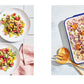 Two white bowls filled with chopped salad from Salad Lab: Whisk, Toss, Enjoy! by Simon & Schuster—taking inspiration from The Salad Lab’s viral TikTok salad recipes—paired with two red drinks on the left; on the right, a tray of coleslaw and fried balls served alongside wooden utensils.