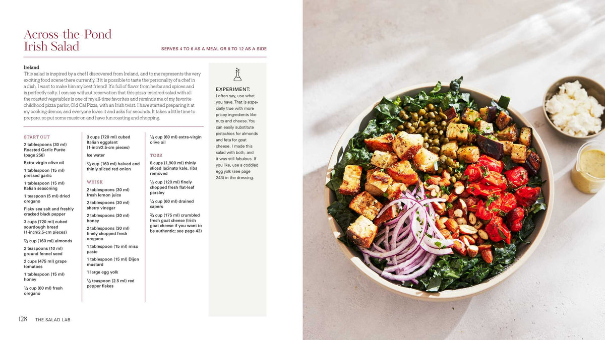 A vibrant bowl of salad featuring greens, roasted tomatoes, tofu, sliced red onion, lentils, seeds, and nuts—with a small dish of dressing on the side—captures the inventive spirit of Simon & Schuster’s Salad Lab: Whisk, Toss, Enjoy! Just as seen on The Salad Lab TikTok channel, the recipe text appears on the left to inspire you with new salad ideas to try at home.
