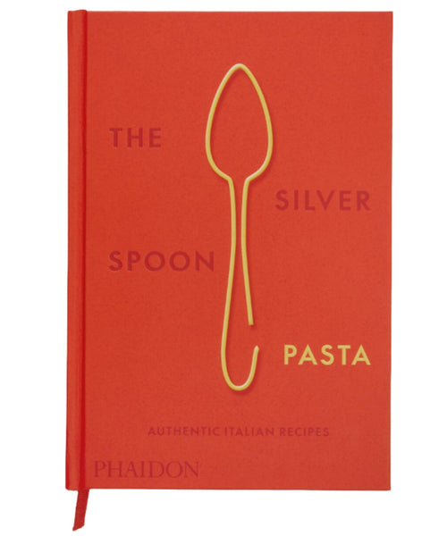 The red cover of "Silver Spoon Pasta: Authentic Italian Recipes" by Phaidon highlights a spoon outline and embodies the essence of Italian cuisine through its curated recipe collection.