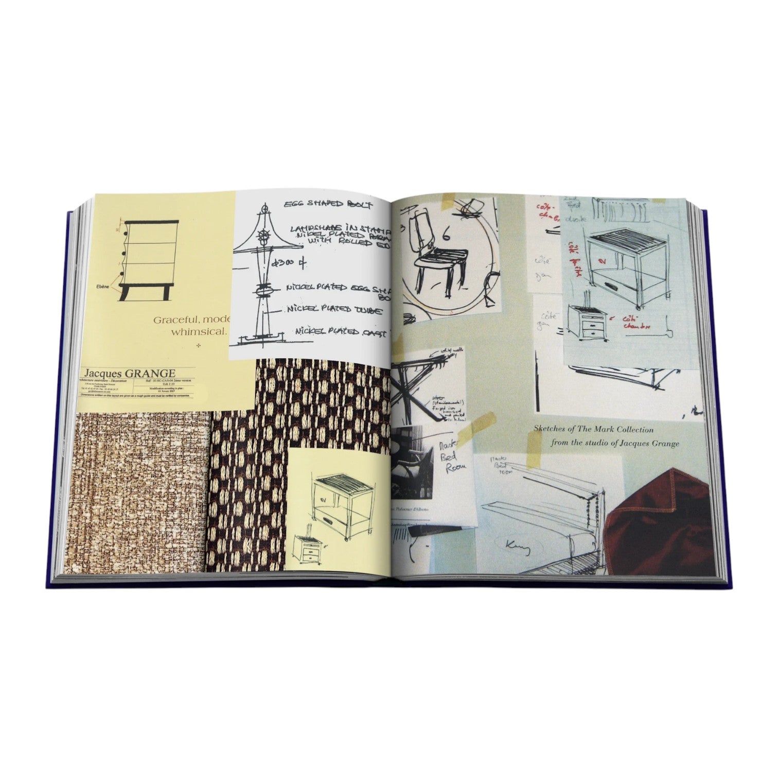 An open book titled "The Mark" by Assouline showcases sketches, notes, and fabric swatches inspired by luxury furniture design, echoing the refined style of The Mark hotel in New York City.