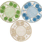Three Serenity Rattan Placemats by Themis Z display floral and geometric patterns in green, blue, and beige, arranged side by side on a white background.
