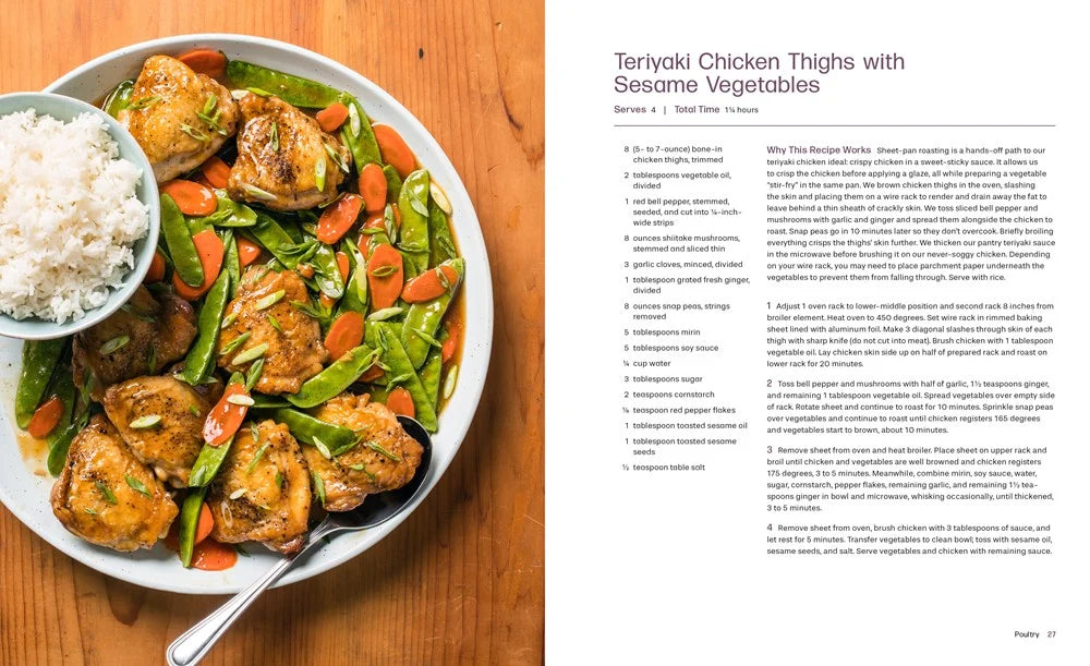 A plate of teriyaki chicken thighs with sliced carrots, snap peas, and mushrooms, served alongside a bowl of white rice; inspired by recipes from The Sheet Pan cookbook by Penguin Random House—perfect for your weeknight dinners. Recipe and instructions are printed beside the image.