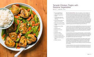 A plate of teriyaki chicken thighs with sliced carrots, snap peas, and mushrooms, served alongside a bowl of white rice; inspired by recipes from The Sheet Pan cookbook by Penguin Random House—perfect for your weeknight dinners. Recipe and instructions are printed beside the image.