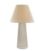 The Bunny Williams Faux Bois Lamp features a beige cone lampshade and textured faux bois base, adding mid-century charm to any room.