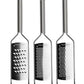 Three Microplane Professional Series 2.0 handheld graters, each with a different grating surface, stand upright against a white background.