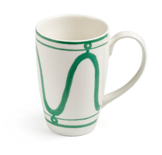 White ceramic mug from Themis Z Serenity Green Dinnerware Collection, featuring green wavy line and circle patterns on the exterior, displayed on a plain white background.