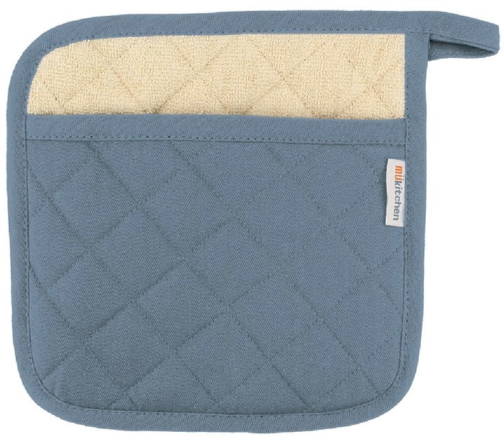 Part of the Pot Holder Collection by MUkitchen, this blue quilted cotton pot holder features a beige fabric section, a small upper right loop, and a "MUkitchen" tag on the right edge.