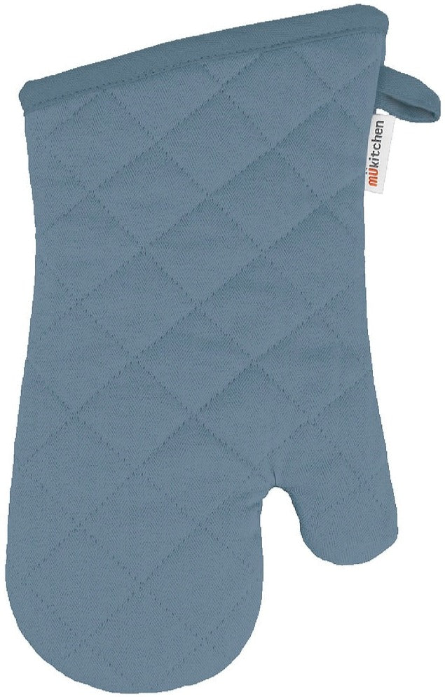 A blue quilted cotton oven mitt from the MUKitchen Oven Mitt Collection by MUkitchen, featuring a hanging loop and a small tag on the side.